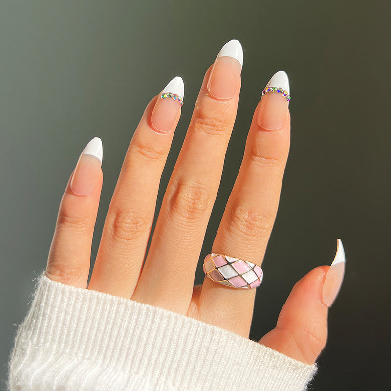 Wearing armor Nude white edge rhinestone French nail piece Wholesale Wearing armor Advanced finished nail piece Wholesale nail piece｜365nails