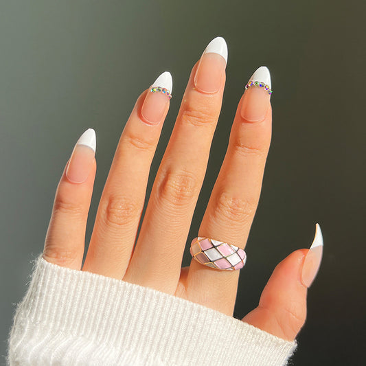 Wearing armor Nude white edge rhinestone French nail piece Wholesale Wearing armor Advanced finished nail piece Wholesale nail piece｜365nails