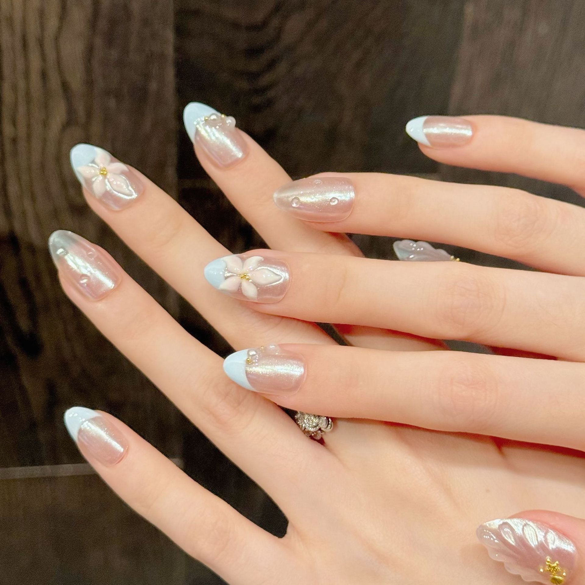 Pastel Blue Floral Pearl Gloss Press On Nails