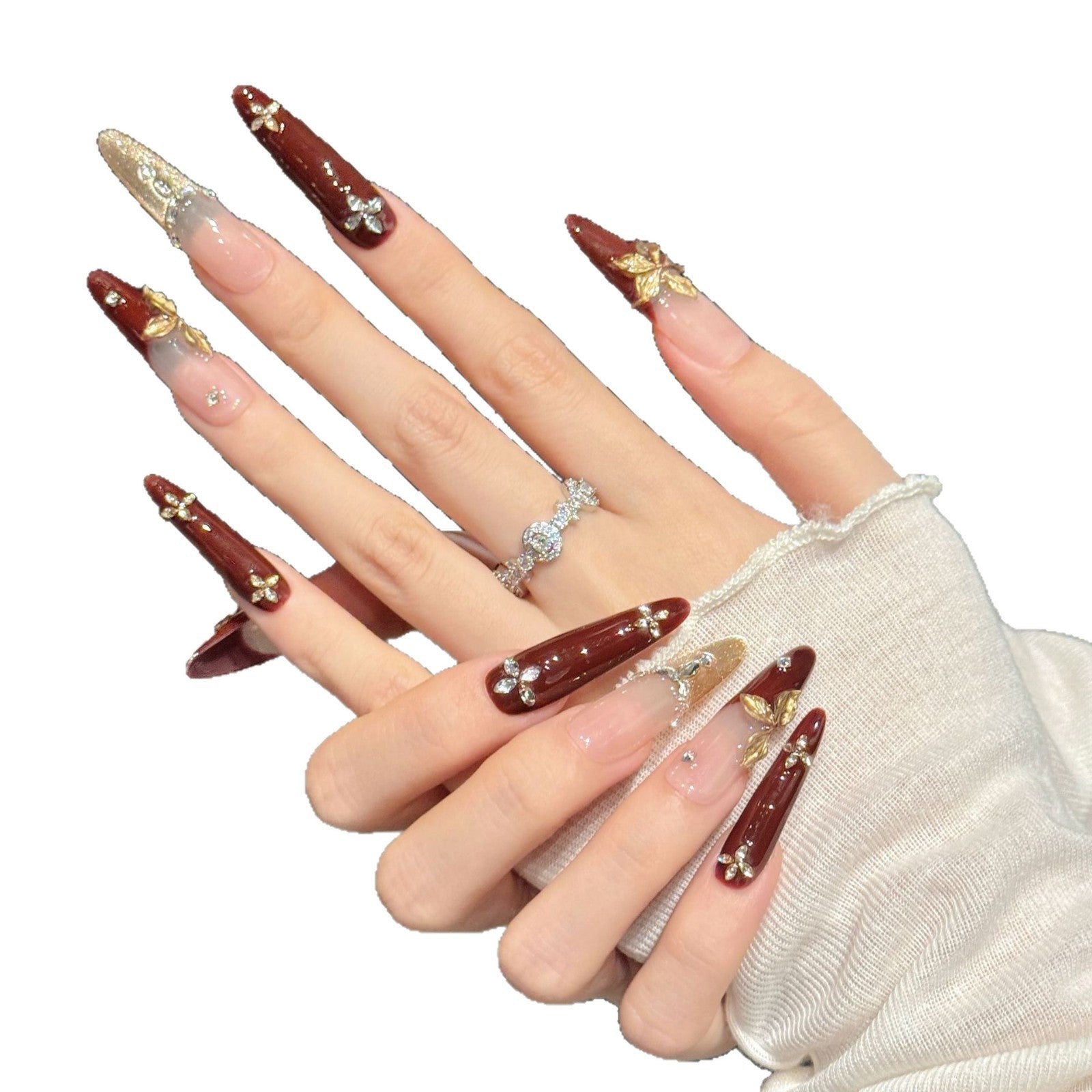365nails: "Oro Carmesí" – Uñas Stiletto Artesanales con Mariposas 3D y Pedrería