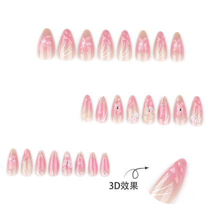 hot-selling almond nail short wearable nail piece blush fake nail 3D three-dimensional flower nail piece｜365nails
