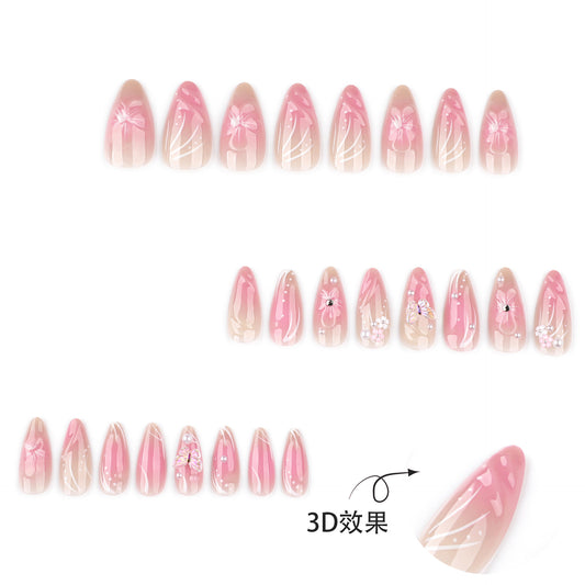 hot-selling almond nail short wearable nail piece blush fake nail 3D three-dimensional flower nail piece｜365nails