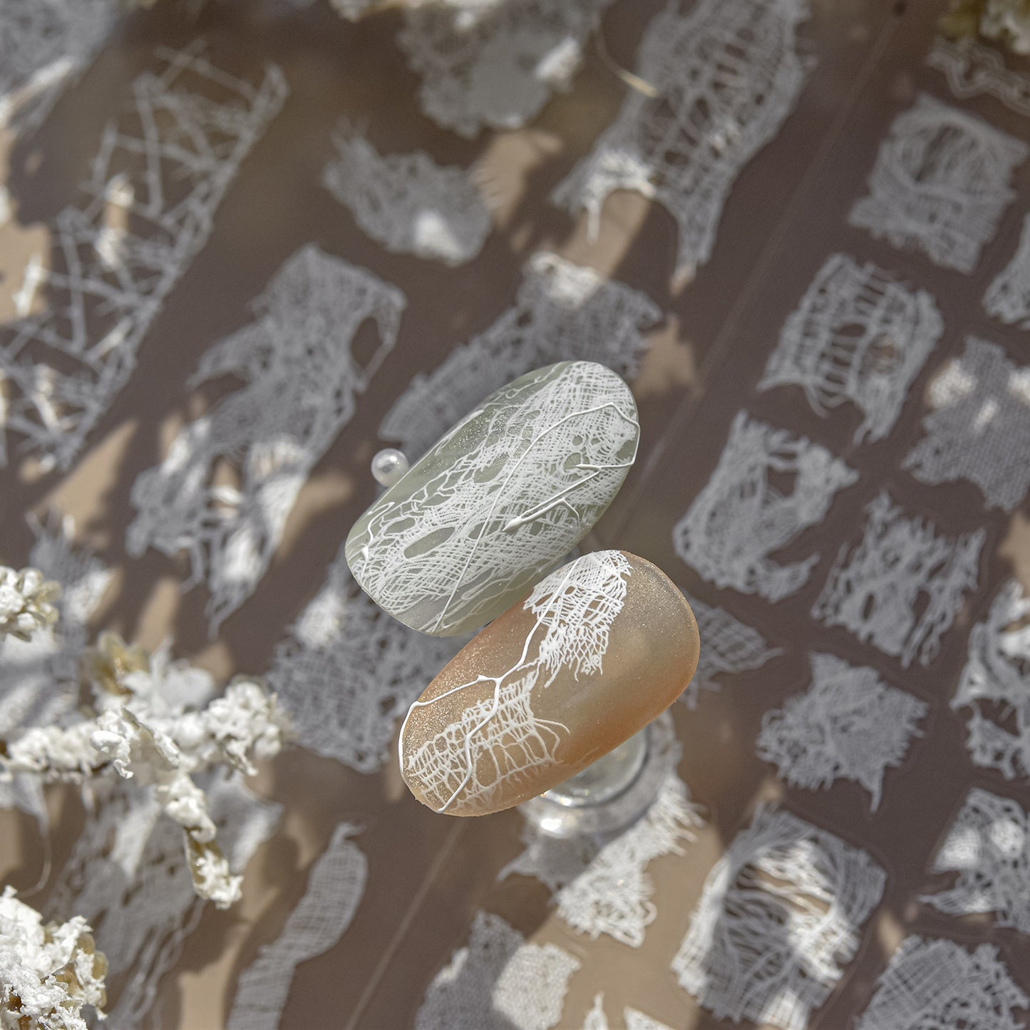 3D Embossed Spider Web Lace Nail Stickers – White Sheer Mesh Texture Set