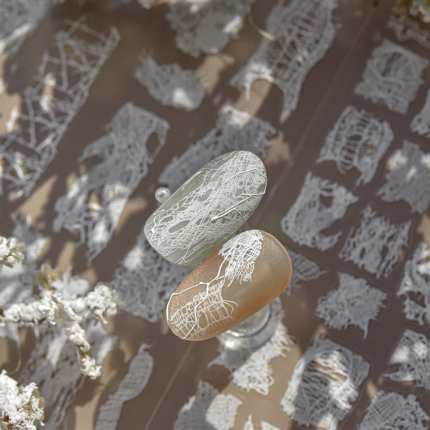 3D Embossed Spider Web Lace Nail Stickers – White Sheer Mesh Texture Set