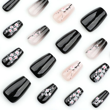 Black gradual change nail piece New Chinese plum blossom  Finished short ballet removable nail piece Wholesale｜365nails