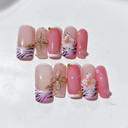365nails-Pink Wildcat: "Zebra Flower" – Square Handmade 3D Carved Press-On Nails