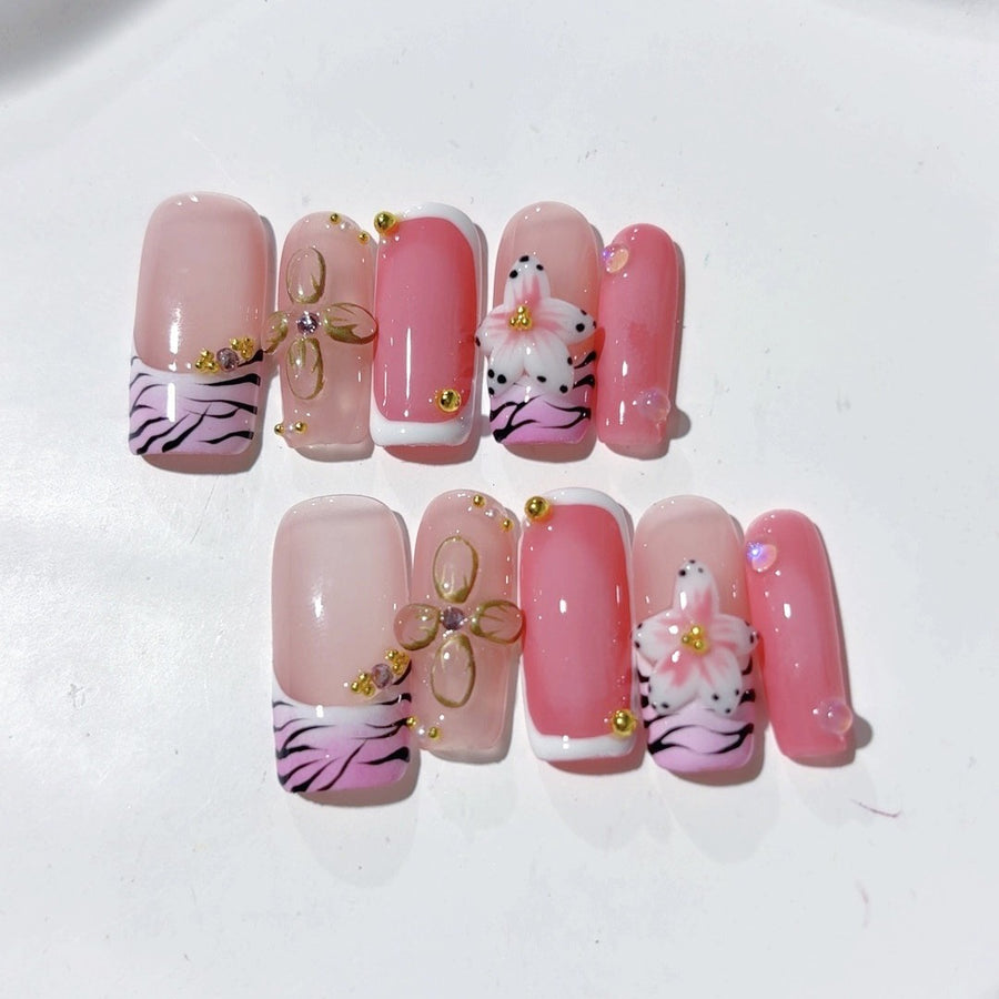 365nails-핑크 와일드캣: "지브라 플라워" – 스퀘어형 수제 3D 입체 조각 프레스온 네일