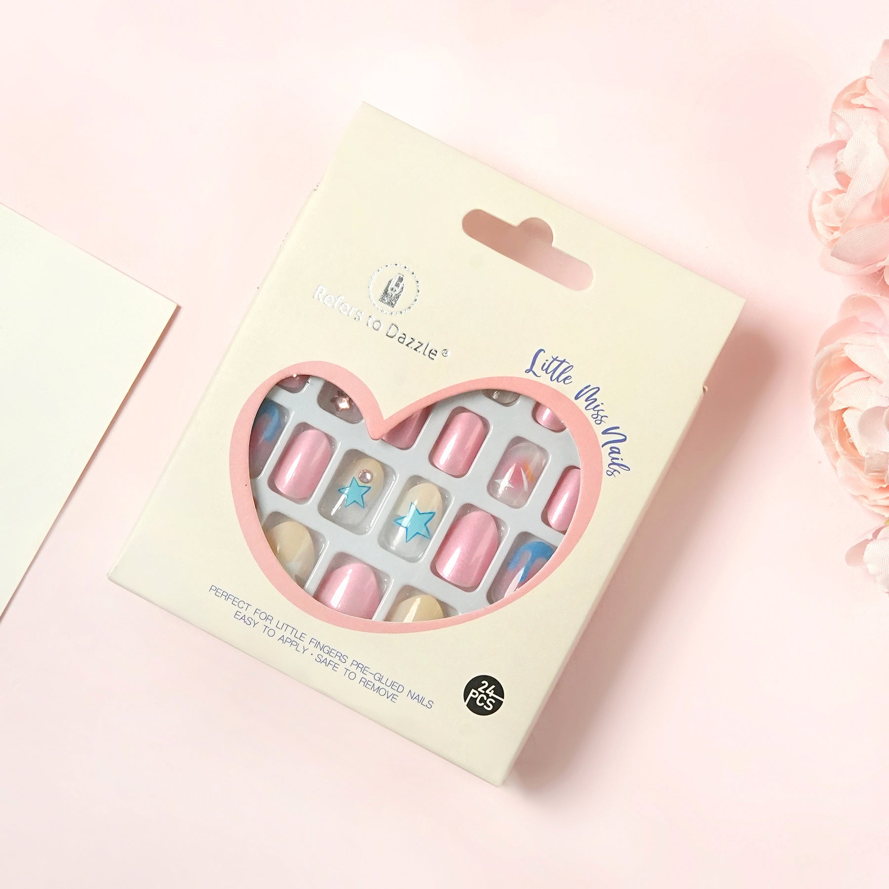 Kids press-on nails Pointed head round head almond cartoon with drill 24 pieces with jelly glue