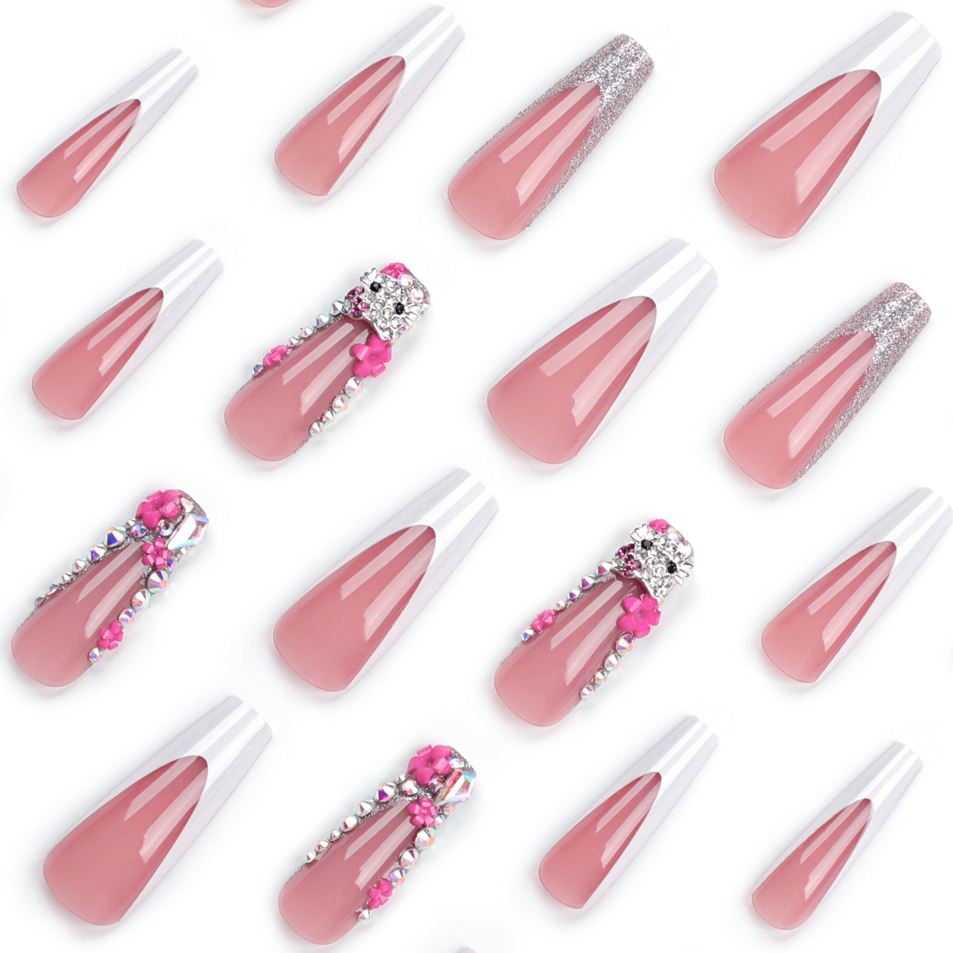 French white edge manicure nail patch  flash diamond  wholesale nail piece long nail piece｜365nails