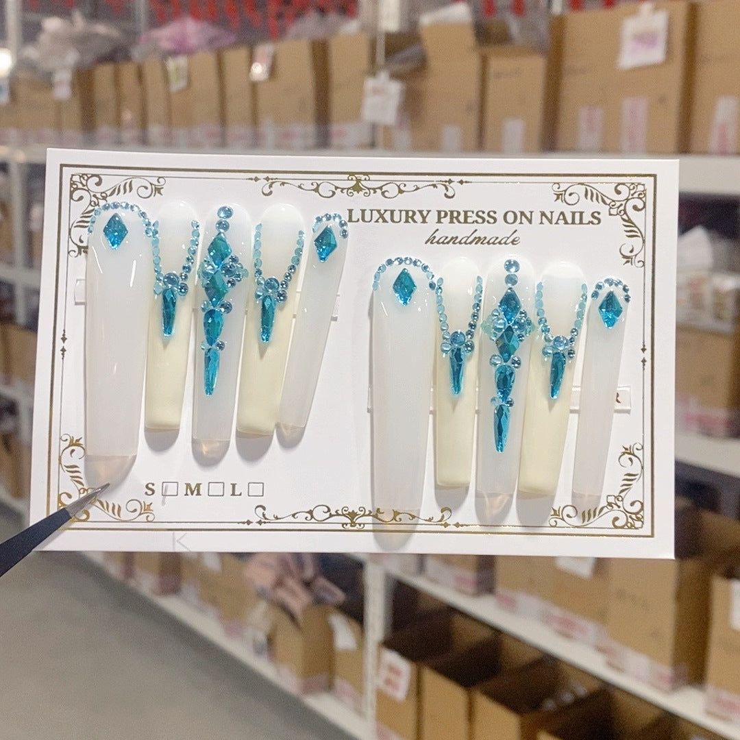 Icy Blue Crystal Drip Elegant Press On Nails