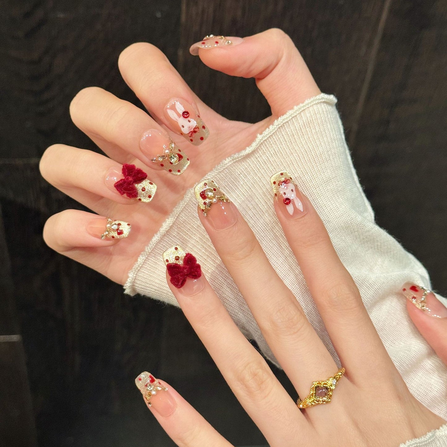 Gold Red Bow Holiday Press On Nails Set