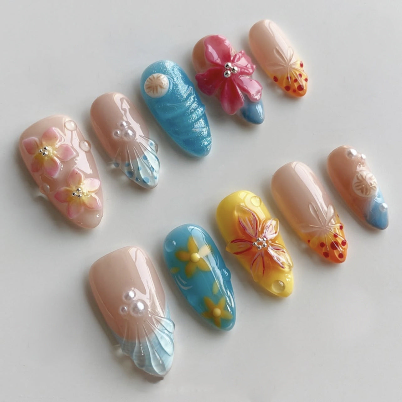 hot-selling tropical 3D tropical flower manicure wearing short almond nail piece  wearing fake nail｜365nails