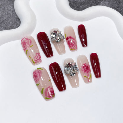 Autumn and winter new hand-painted rose handmade press-on nails simple stack diamond advanced nail patch wearable nail sticker｜365nails