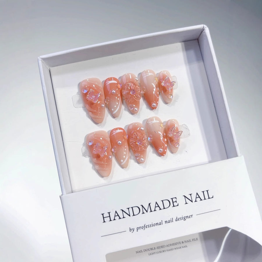 Blush Butterfly: "Peach Blossom Grace" – Almond Press-On Nails