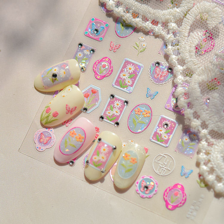 Crystal Floral Frame: "Pastel Garden" – 5D Crystal Diamond Nail Sticker