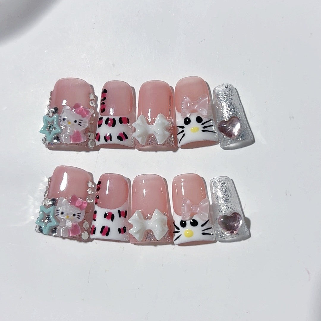 Sweet Kitty Series: "Pink Starry Kitty" – Short Square Handmade Press-on Nails