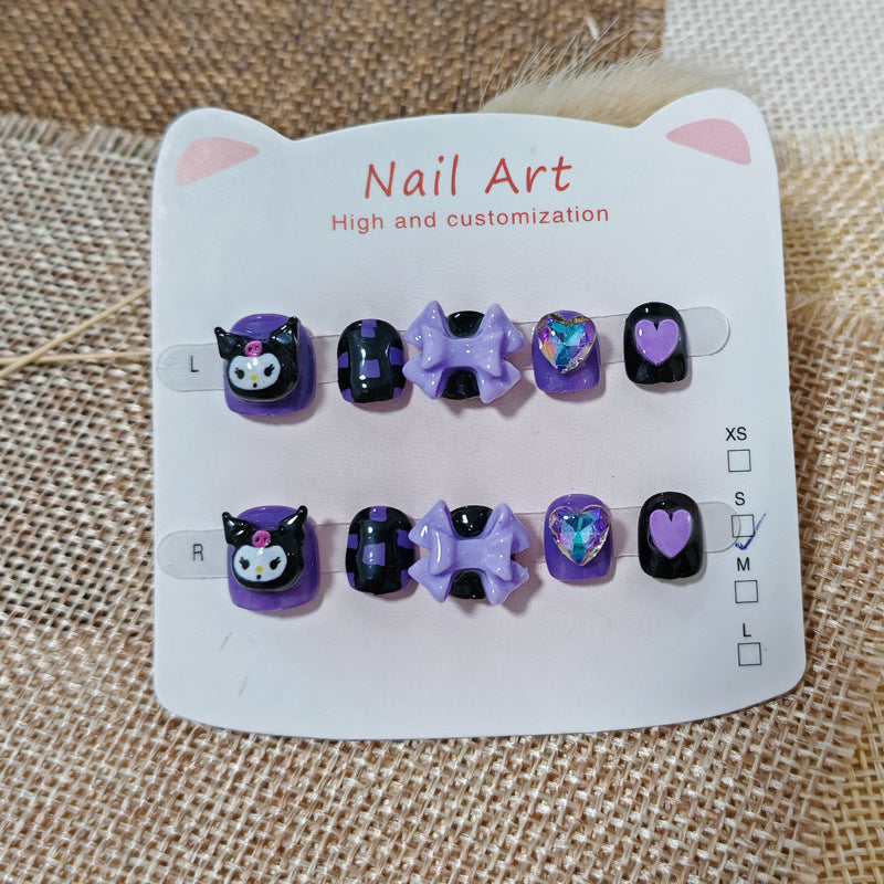 365Nails: "Kuromi Dark Purple Fantasy" – Handmade Cute Short Oval Press On Nails With Kuromi & Bow Design
