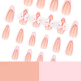Almofadas de unhas postiças em formato de amêndoa rosa francesa doce, gelo puro através de laço tridimensional, arte de unhas, atacado de unhas postiças ｜ 365nails