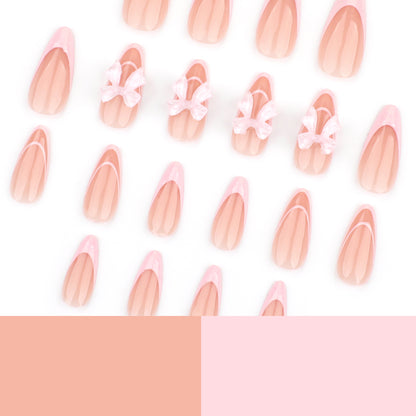 Sweet French pink almond press-on nails pads pure ice through three-dimensional bow nail art fake nail wholesale｜365nails