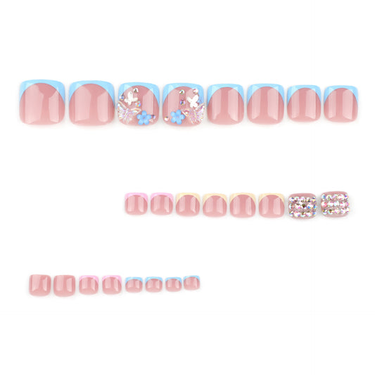Uñas francesas para los pies con punta de taladro, uña mariposa, pieza de uña, destello de diamante, manicura de pie corta | 365nails