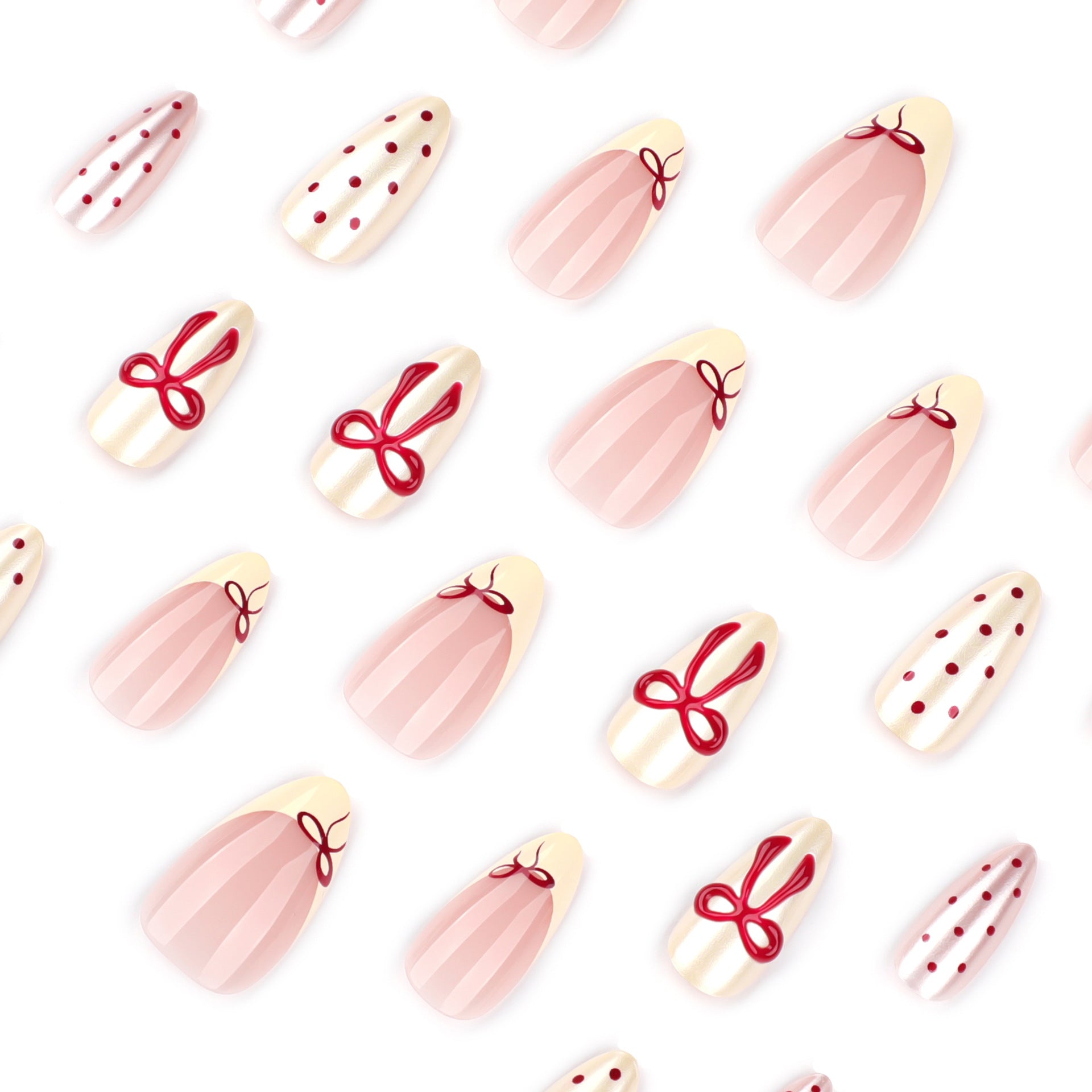 "Cream & Red Bow Polka" - Precision Crafted Press-On Nails