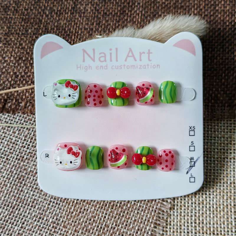 365nails: "cool watermelon hello kitty" – short round handmade kids press-on nails