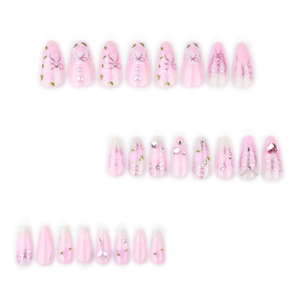 Unhas falsas com diamantes brilhantes e estrelas rosa, produto finalizado em amêndoa curta, atacado ｜365nails