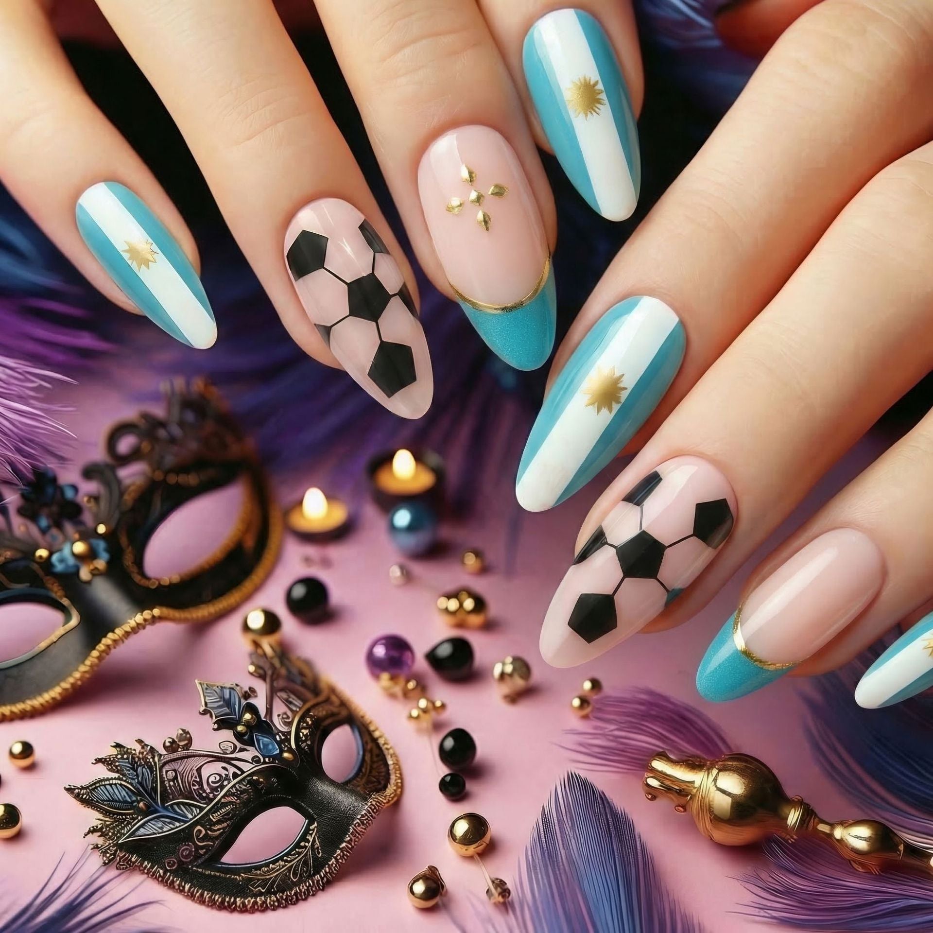 World Cup Argentina Flag Football Gold Accent Press-On Nails (Stiletto/24pcs/Fashion)