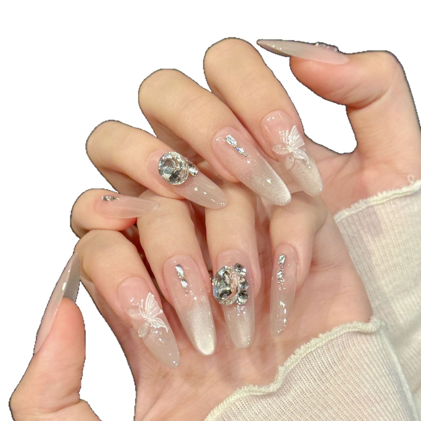Elegant Nude Crystal Butterfly Press On Nails
