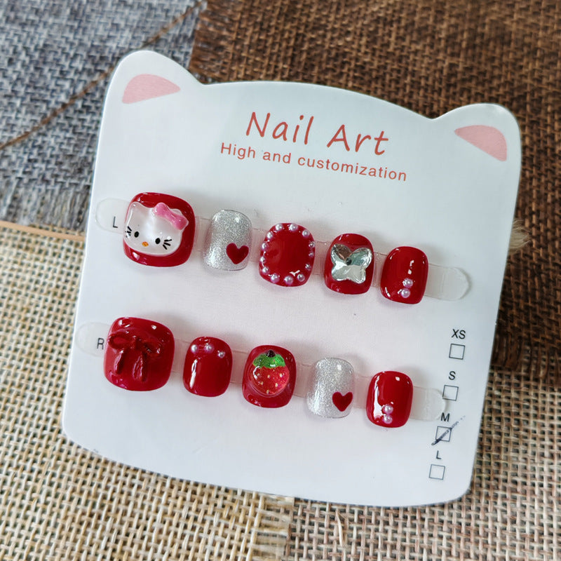 365nails: "cherry berry hello kitty" – short round handmade kids press-on nails