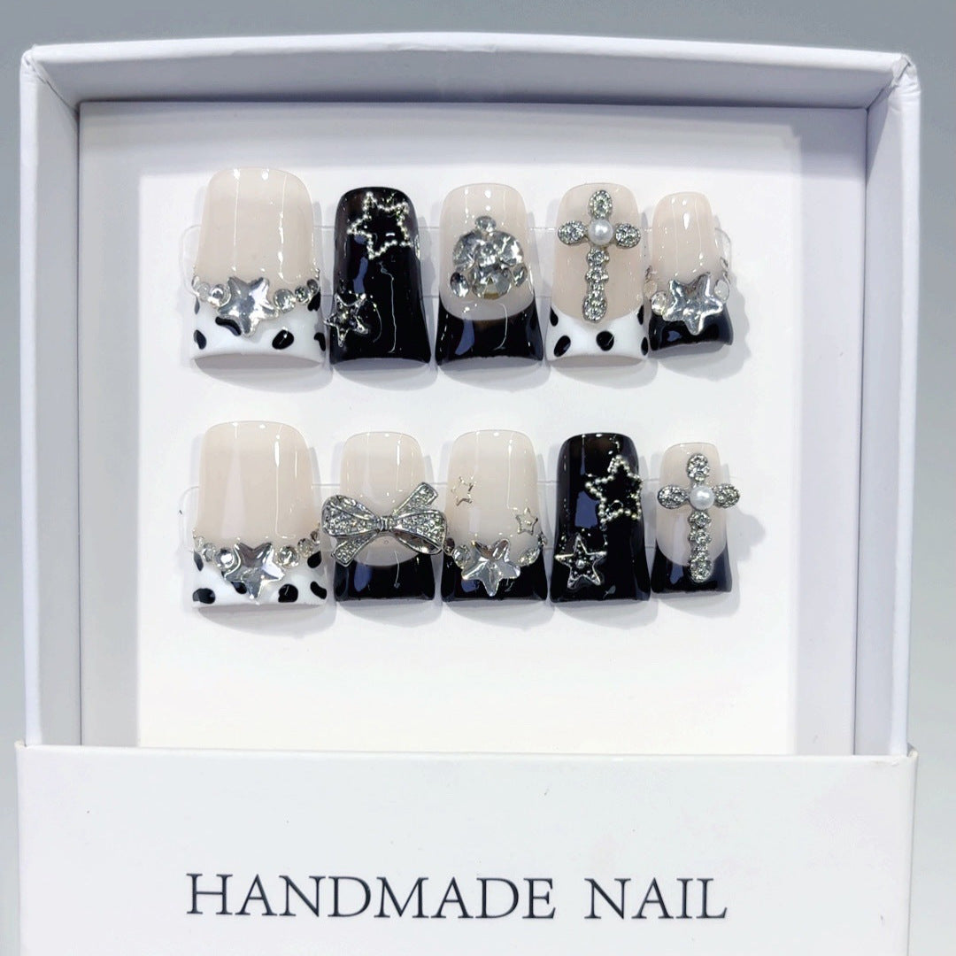 Gothic Starlight: "Noir Cross" – Long Square Press-On Nails