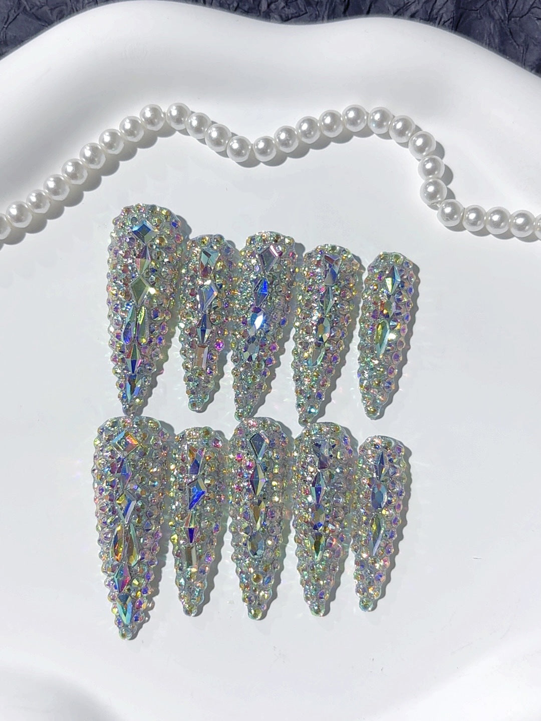 Rainbow Crystal Glass Press On Nails