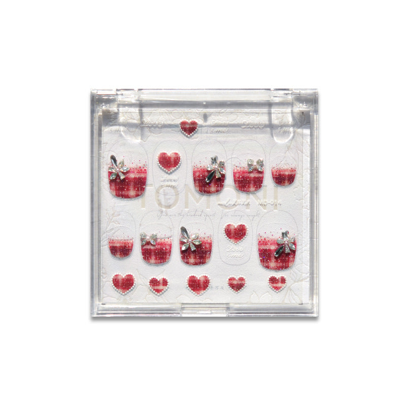 Red Plaid & Rhinestone Heart: "Crimson Plaid Love" – 5D Embossed Nail Sticker