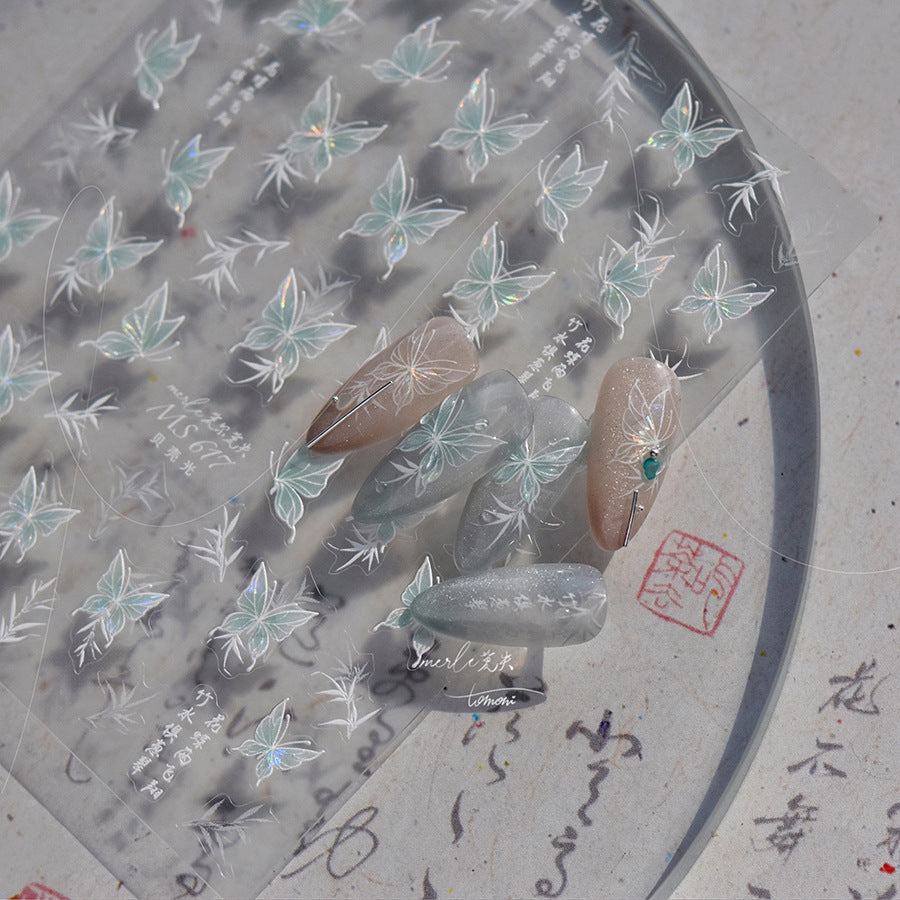 粉色全息蝴蝶指甲貼紙 - 5D 立體壓紋夢幻仙子套組