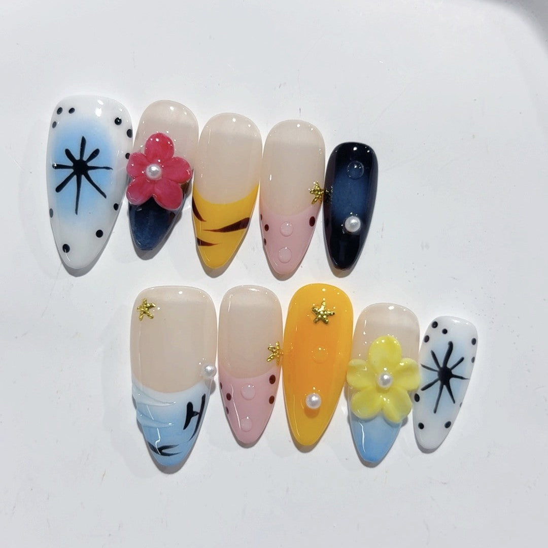 365nails-波普花卉：「繽紛混搭」 – 杏仁形 手工製 3D 雕刻 穿戴甲