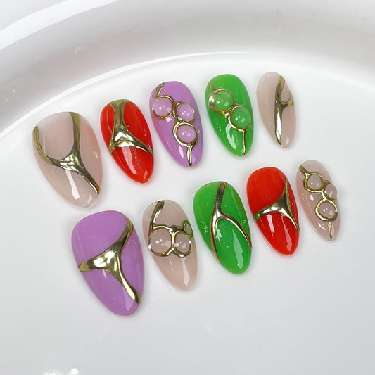 Handmade press-on nails fluorescent contrasting color hand-painted relief magic mirror powder short nail art finished patch  fake nails｜365nails