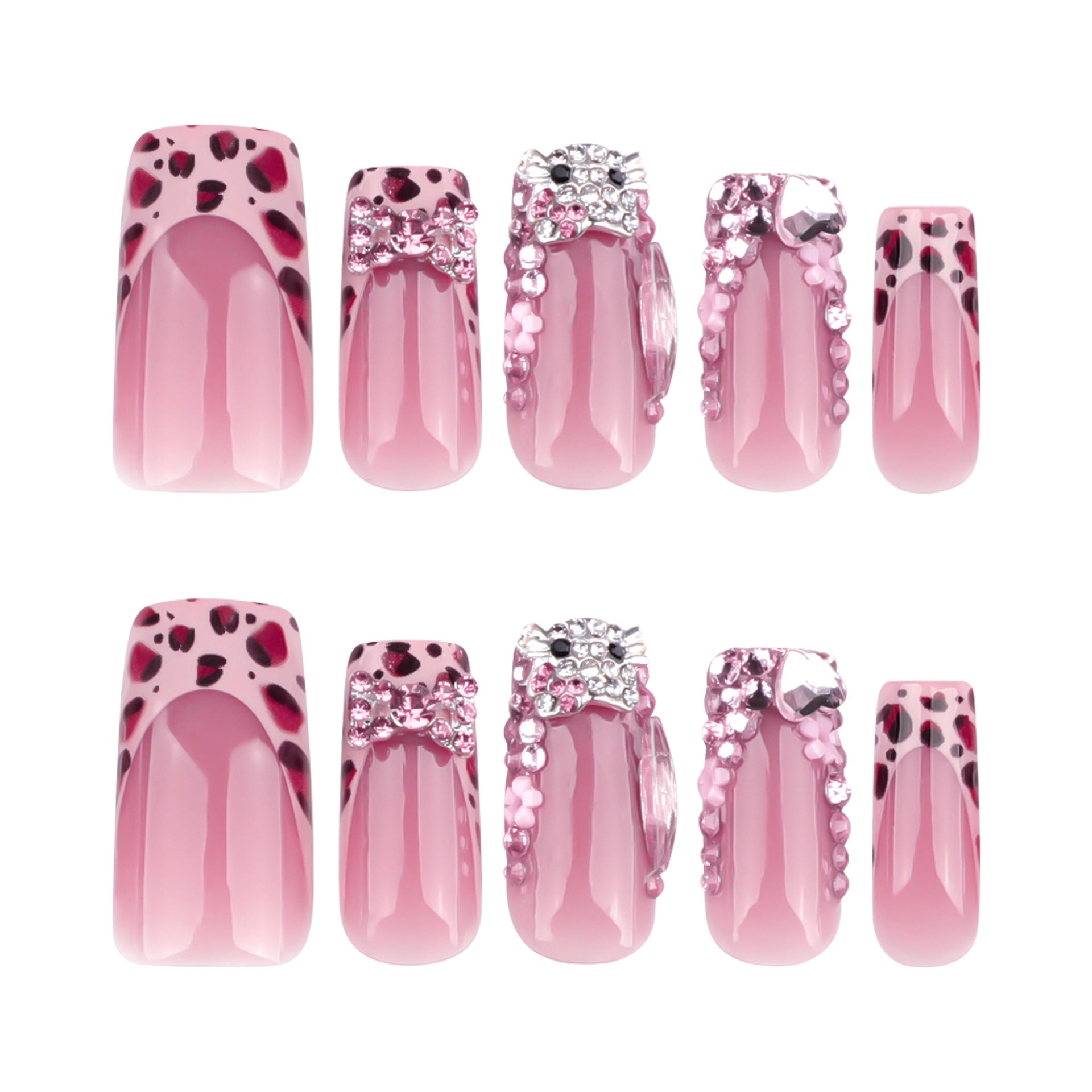 Manicura francesa con estampado de leopardo, destellos de diamante, uñas postizas de gato de dibujos animados, lazo de flores | 365nails