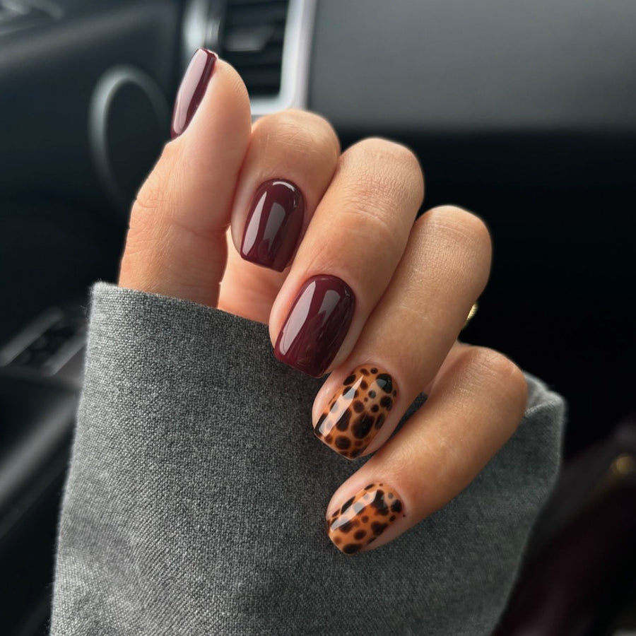Maillard — faux ongles press-on imprimé léopard et bordeaux uni, courts (forme carrée) — automne, vente en gros