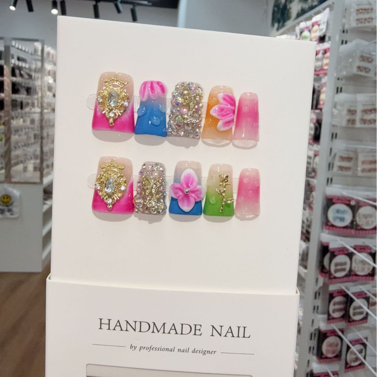 365nails: "Rainbow Reverie" – 3D Floral Crystal Handmade Coffin Nails