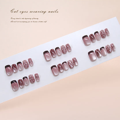 Nail Tips  Prefabricated Nail Polka Dot Lace Silver Bean Checked Red Brown French Cat Eye  ins Pneumatic Diamond Nail Art 30 Pieces｜365nails