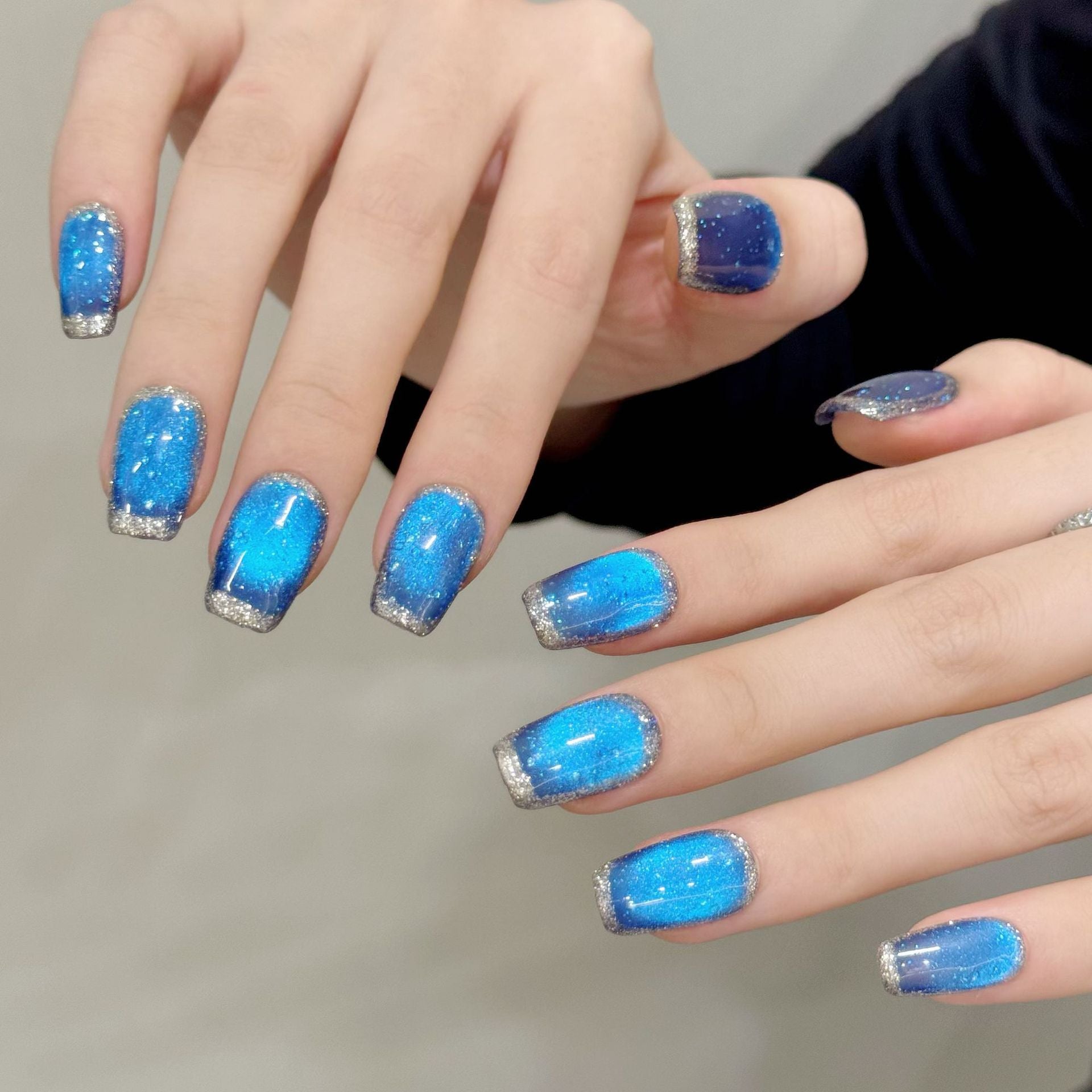 365nails: "Sapphire Galaxy" – Cat-Eye Glitter & Silver French Tip Handmade Short Square Nails