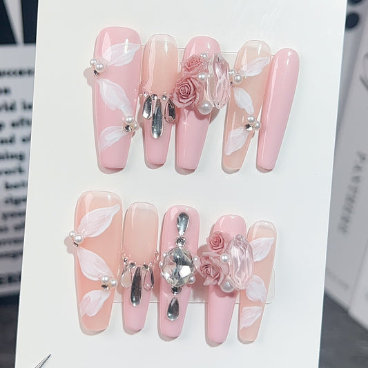 Handmade Nail Rose Manor Elegant Atmosphere Gentle Temperament 40 Thin Dog Super Long Ladder Nail Art｜365nails