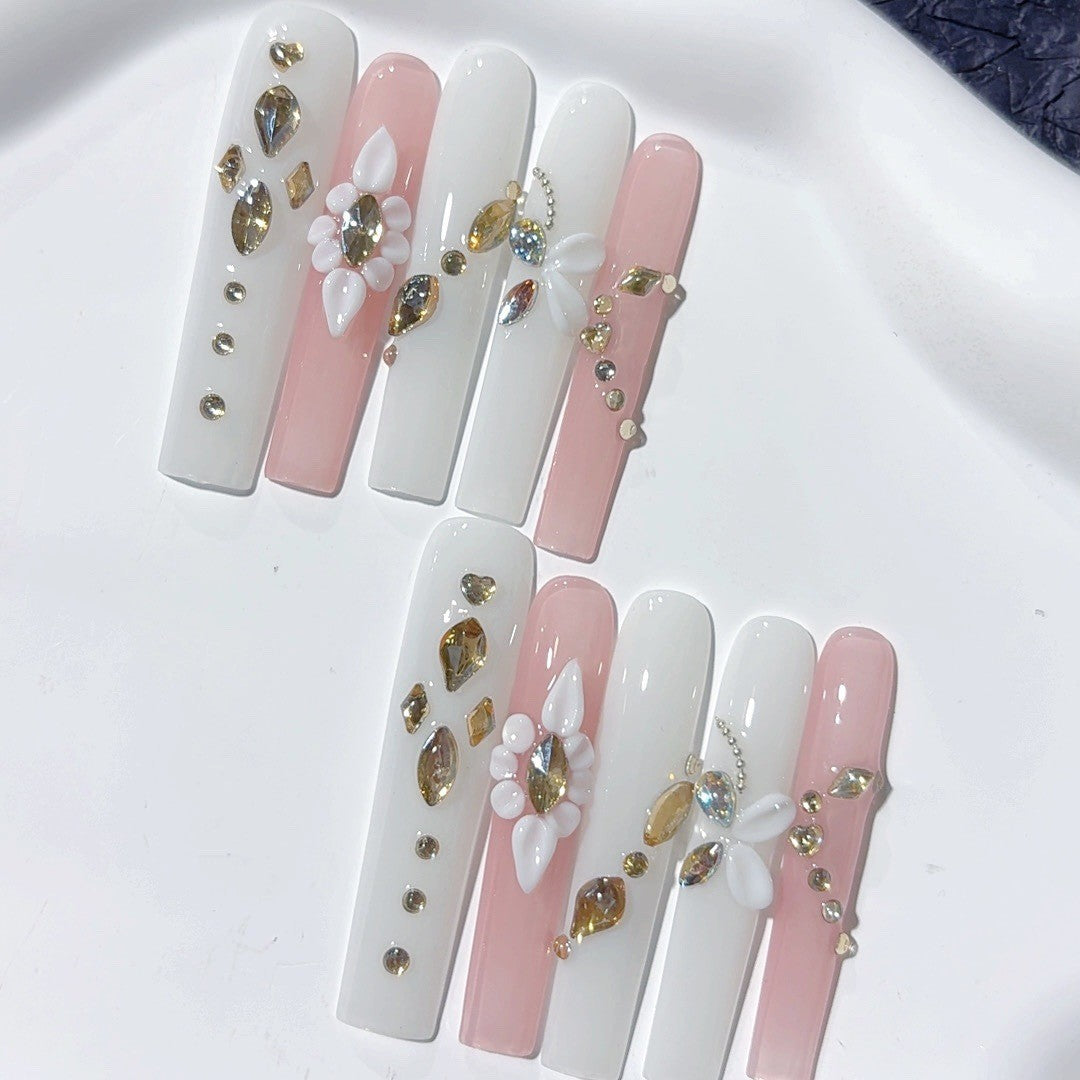 Pearl Blossom Crystal Elegant Extra Long Press On Nails