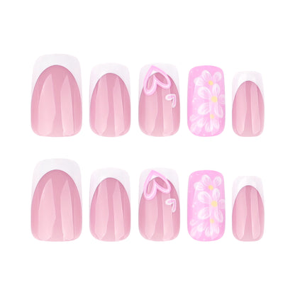 Spring and summer new products, flower love wearing nail French white manicure, medium and short square nail fake nail, hot-selling nail pieces in Europe and America｜365nails