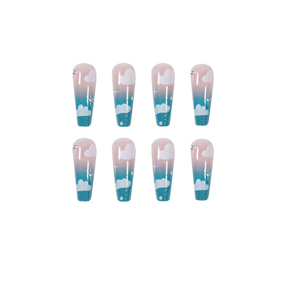 Sky blue clouds gradually change rhinestone wearing finished nail art    removable ｜365nails