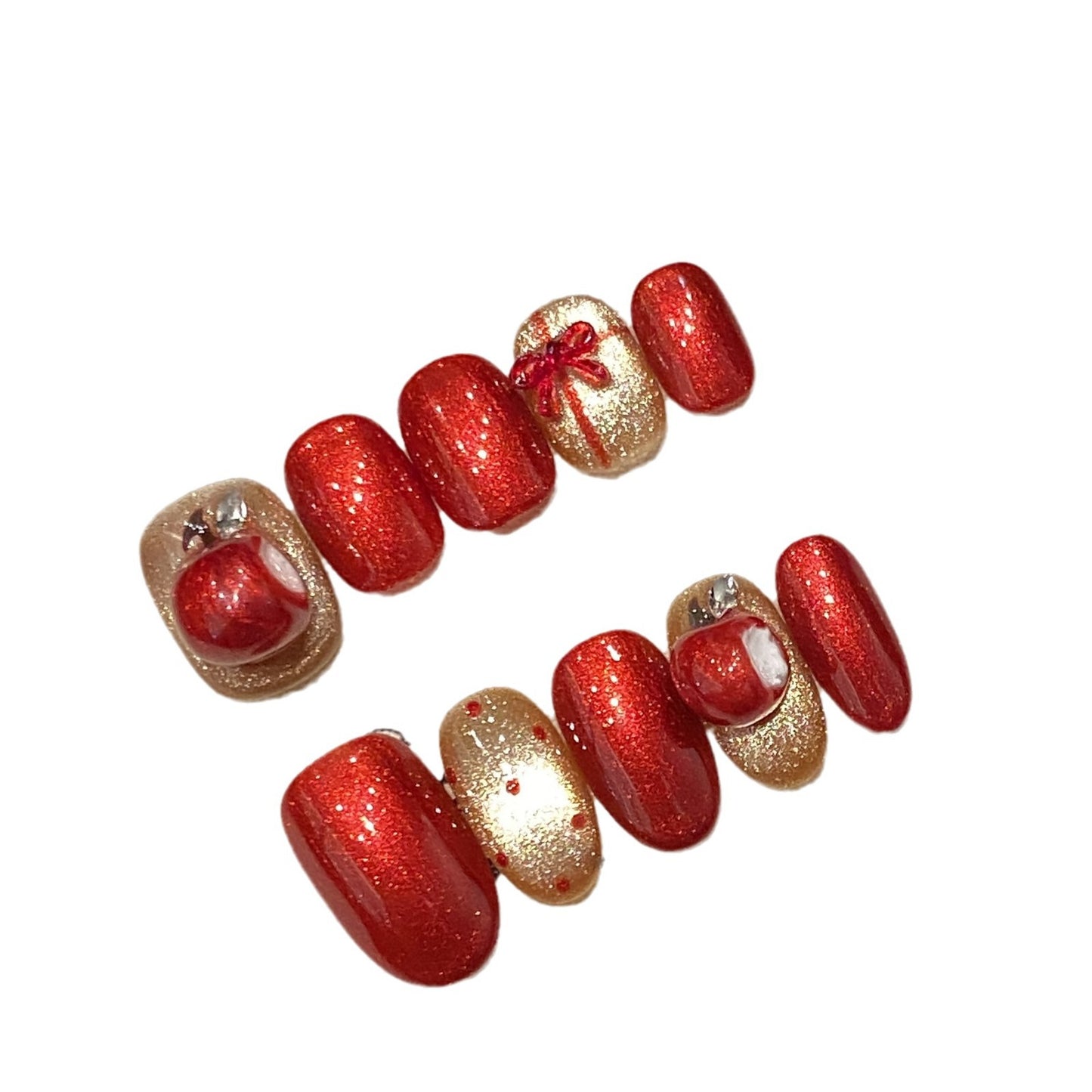 Red & Gold Christmas Press‑On Nails – Gift Box and Ornament Design
