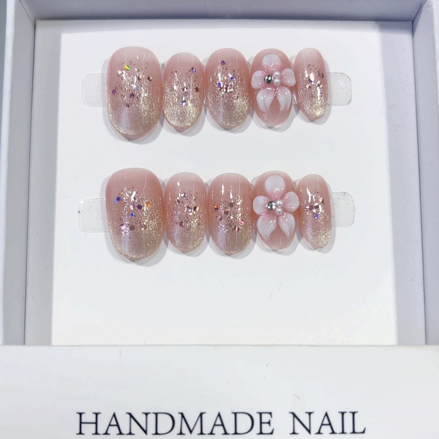 Blush Sparkle: "Pink Floral Glitter" – Short Square Handmade Press-Ons