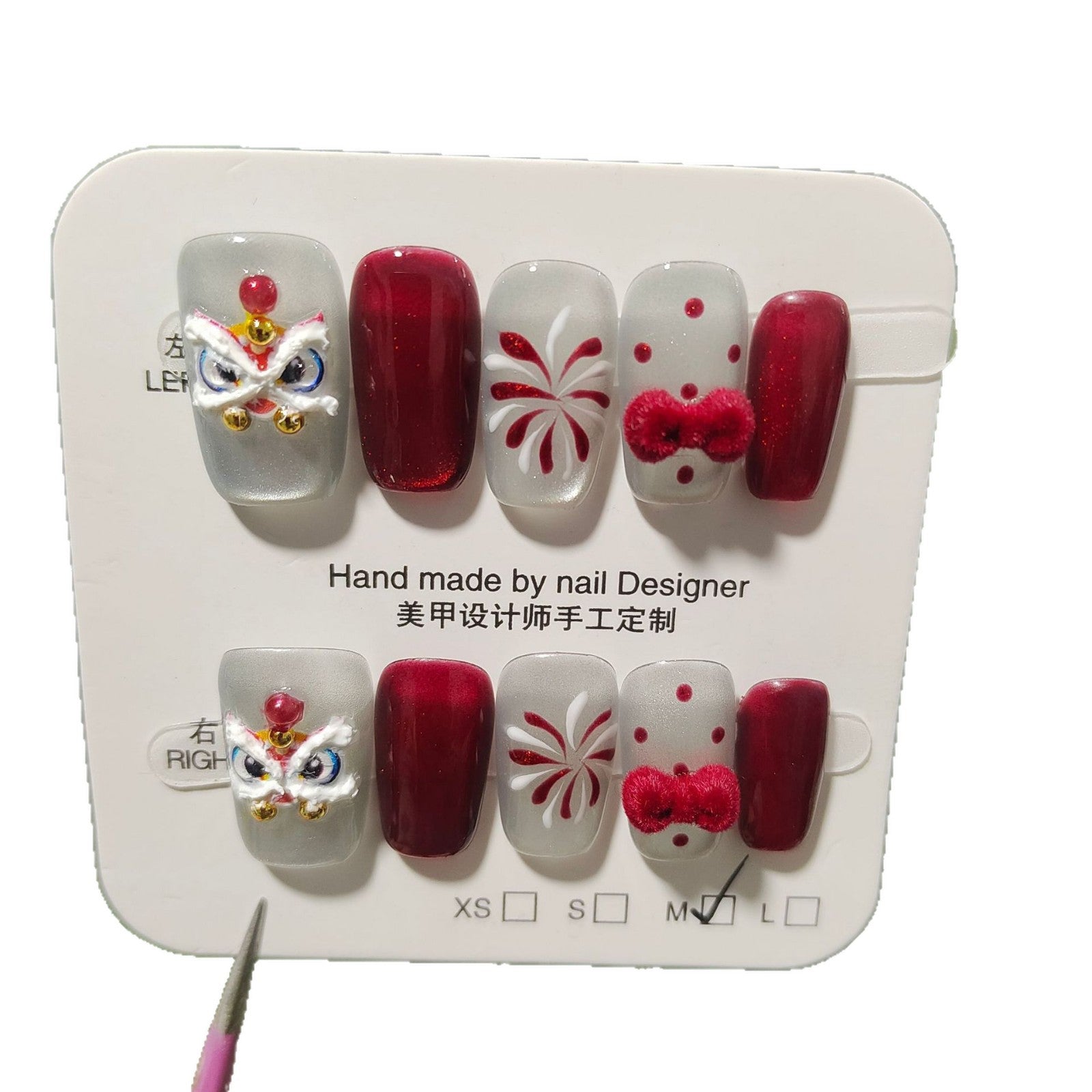 Auspicious Lion Dance: "Lion Dance Bow" – Square Shape Handmade Press-On Nails