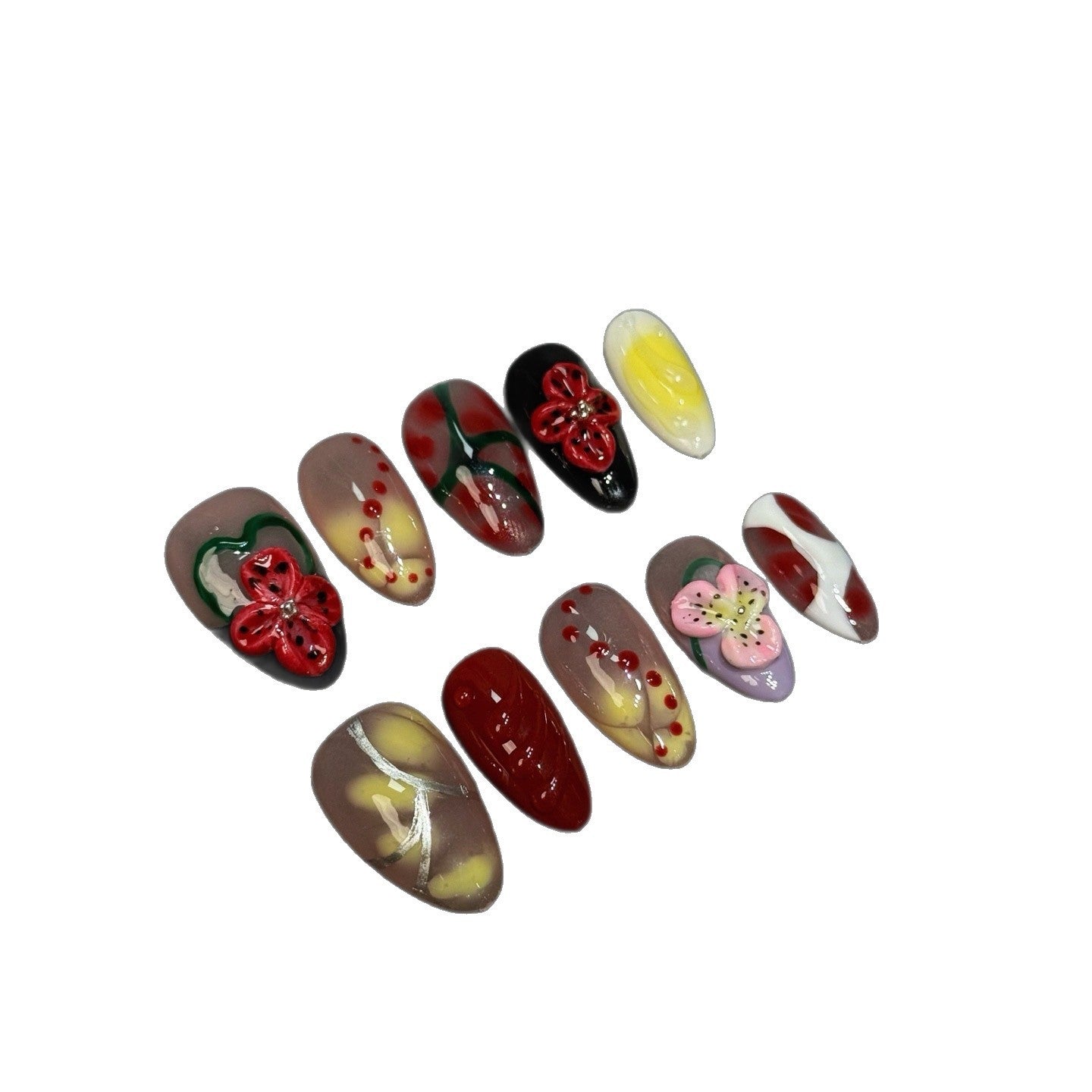 365nails: "Retro Bloom" – 3D Floral Handmade Almond Nails