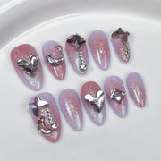 Soft Sparkle Gradient Nails with Irregular Chrome Heart Accents